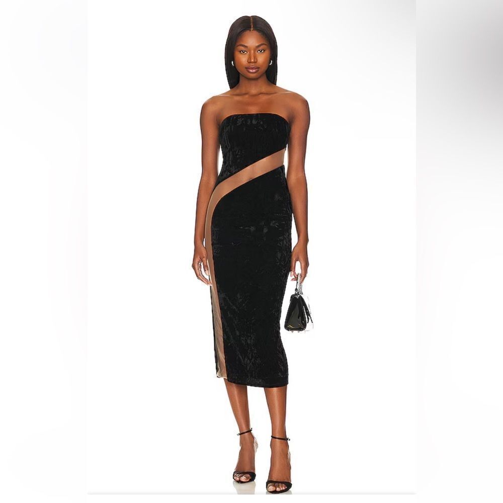 NBD Finna midi dress black nude sheer panel velvet strapless cocktail Revolve L